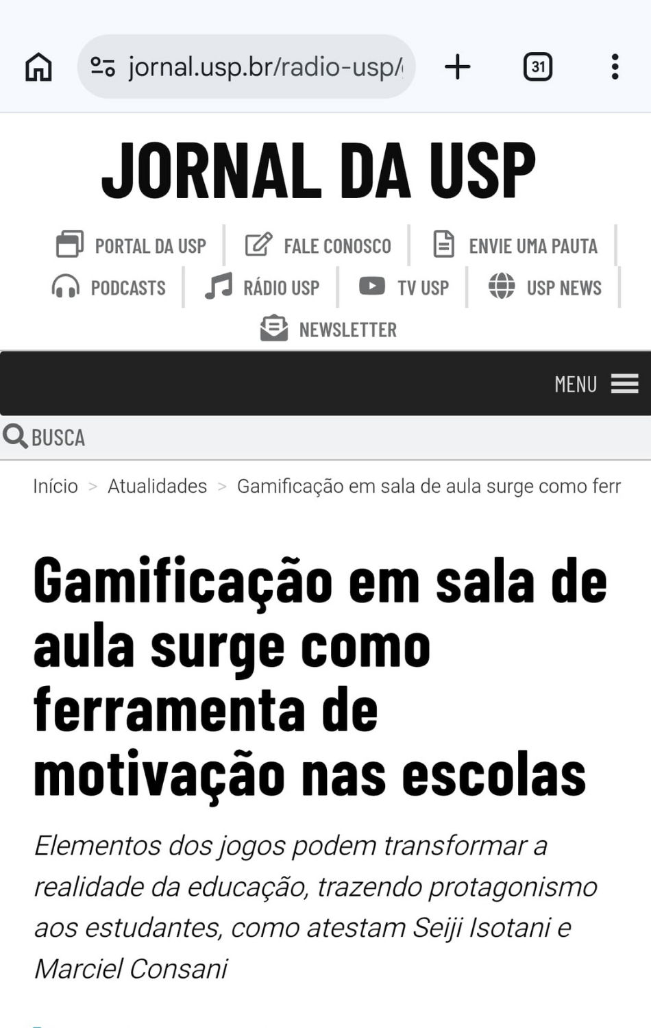 Matéria sobre gamificação na educação